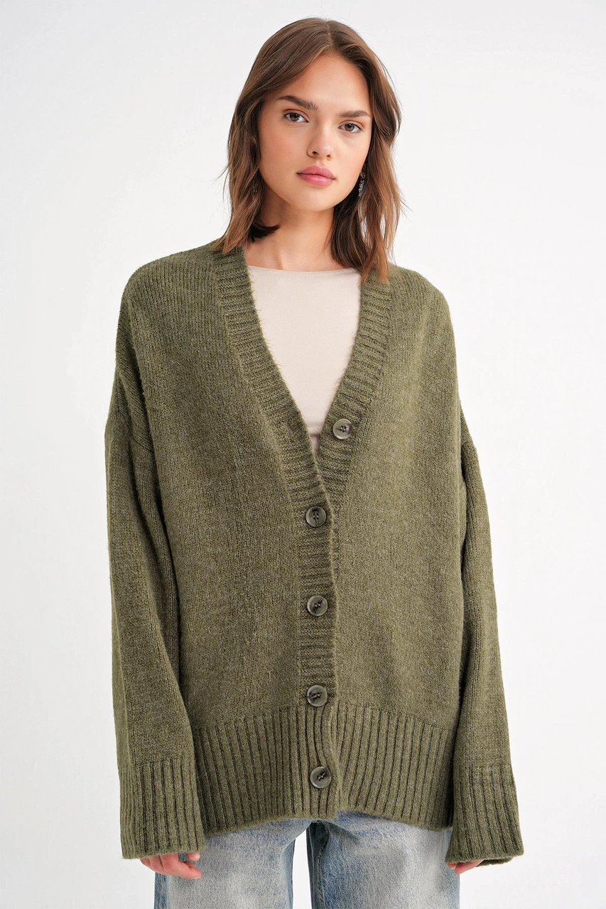 6927 Kadın Yumuşak Dokulu Salaş Basic Triko Hırka Haki Haki