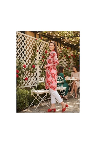 Polologin Butik Çiçek Desenli Uzun Gömlek Tunik - Pembe/kırmızı Pembe