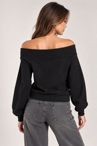 Sortie Collection Madonna Yaka Çiçek Nakışlı 3 İplik Sweatshirt Siyah