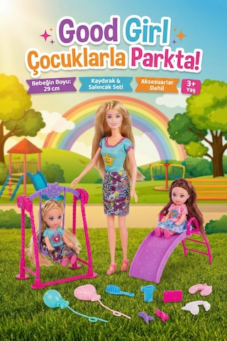 Good Girl Çocuklarla Parkta Oyun Seti - 29 Cm Bebek, Kaydırak, Salıncak Ve Aksesuarlı