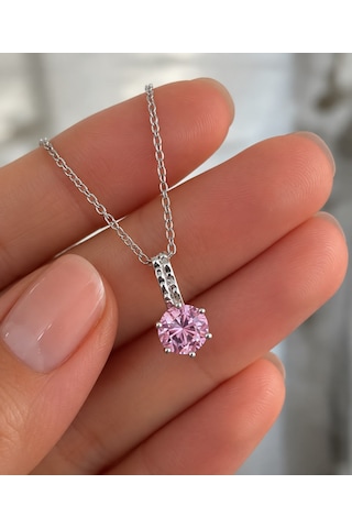 Bijutaki Pembe Taşlı Zarif Kolye Gümüş
