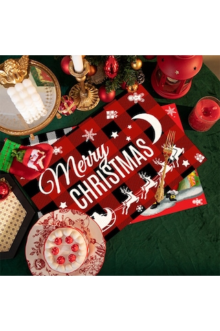 4/6/8 Adet Elk Deer Baskılı Amerikan Servisi Dikdörtgen Noel Kardan Adamı Ağaçları Yemek Masası Mutfak Dekoru İçin Keten Kaymaz Masa Paspasları 6,4 Adet-32x42 Cm Diğer