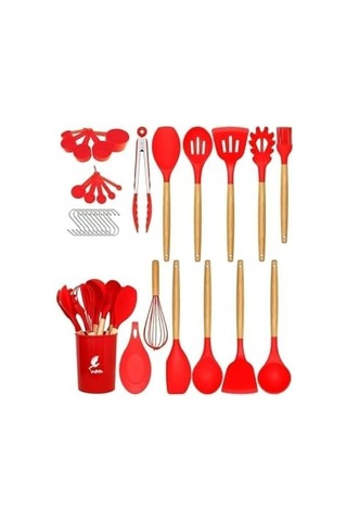 Mikla Isıya Dayanıklı Yanmaz Yapışmaz 33 Parça Silikon Spatula Mutfak Seti Kırmızı 0