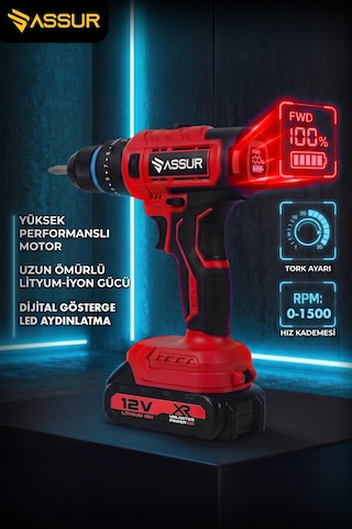 Assur ASR233 12V Çift Akü Dijital Gösterge Akülü Vidalama Kırmızı