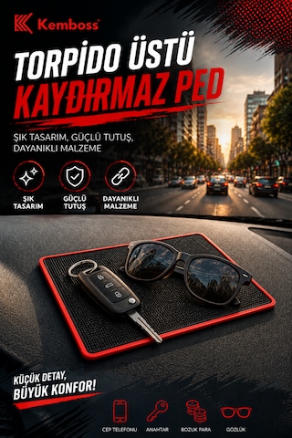 Siyah Torpido Üstü Kaydırmaz Ped Telefon Gözlük Anahtar Tutucu Kırmızı Detaylı