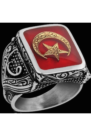 925 Ayar Gümüş Erkek Yüzük - Ay Ve Yıldız İle Oluşturulmuş Granat Taşı Gümüş