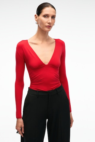 Grımelange TEVRINE Kadın Kruvaze Yakalı Esnek Kumaşlı Uzun Kollu Çıtçıt Kapamalı Slim Fit Kırmızı Bluz
