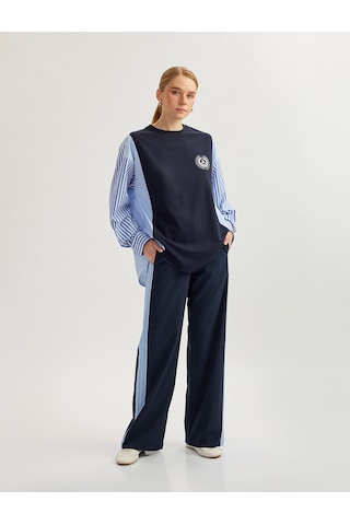 Koton İki Farklı Kumaş Detaylı Rahat Kalıp Uzun Kollu Bisiklet Yaka Çizgili Sweatshirt Lacivert 5sak60006ek Lacivert