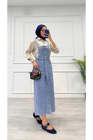 Biçomi Etekli Salopet Enzim Süper Taş Yıkama Buz Mavi D 2521