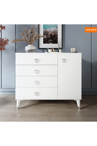 Simple 4 Çekmeceli 1 Kapaklı Modern Şifonyer Beyaz Gümüş Beyaz