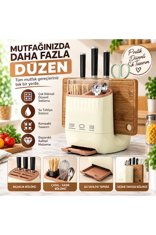Tezgah Üstü Mutfak Organizeri Kaşıklık Bıçaklık Kepçelik Çatal Kaşık Düzenleyici Beyaz
