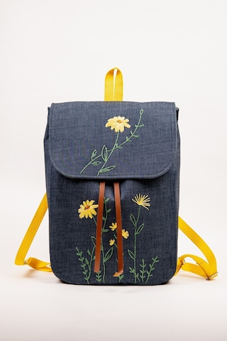 Fabric Craft Bag Sırt Çantası Kot Kumaş Çiçek Nakışlı Büzgülü Kot