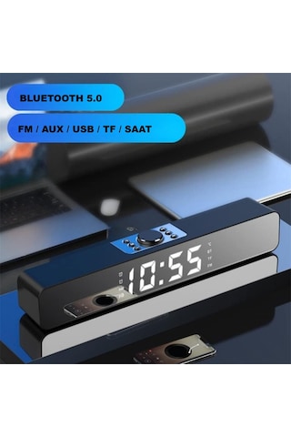 Triline Bluetooth Hoparlör Şarjlı Yatay Ses Sistemi Led Ekran Fm Çalar Saat Sıcaklık Pc Usb Aux Tf Kart
