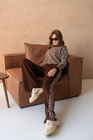 Kadın Geniş Yaka Desenli Kazak Pantolon İkili Triko Takım Kahve