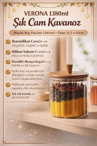 Akasya Cam Kavanoz 1380 Ml-akasya Kapaklı Büyük Boy Kavanoz-mien Baharat, Bakliyat, Kahve Kavanozu Kahverengi - Şeffaf