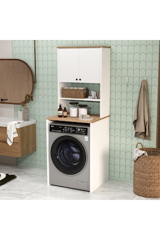 Robin Home Alaska Çamaşır Makinesi Dolabı 2 Kapaklı Raflı Sepet-beyaz Beyaz