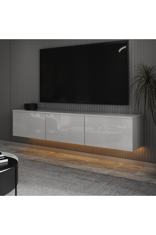 T0020 Alston Duvara Monte Tv Ünitesi Led Işıklı, Modern Tasarım, 160 Cm - Parlak Beyaz Parlak Beyaz