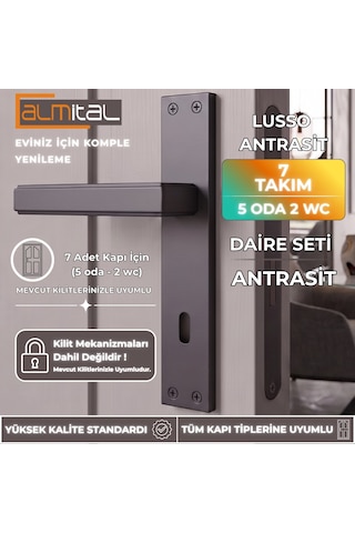 Lusso Antrasit 5 Adet Oda 2 Adet Wc Aynalı Kapı Kolu Set