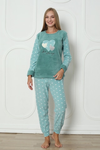 Fawn 3316 Peluş Welsoft Polar Kışlık Yumoş Kalpli Kadın Pijama Takımı Yeşil