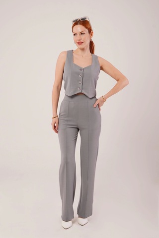 Defymoda Kalın Askılı Düğmeli Yelek Ve Pantolon Gri Takım Gri
