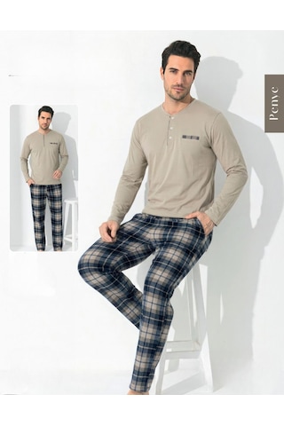 Boyraz Erkek Standart Kalıp Penye Düğme Yaka Uzun Kol Baharlık Pijama Takımı 0697 - 1 Adet Bej