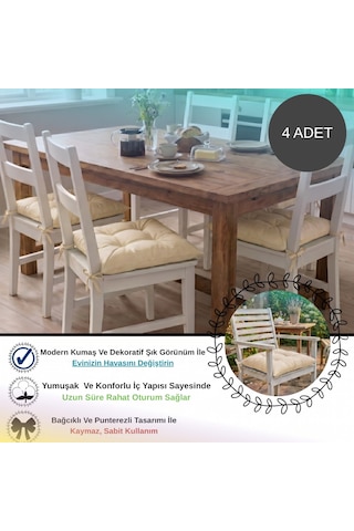 4 Adet - 40x40 Cm Lüks Süet Dokulu Bej Sandalye Minderi - %100 Silikon Elyaf Dolgulu Yıkanabilir Minder