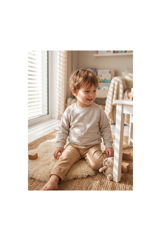Deniva Kids Bebek Bej Ayıcık Nakışlı Cepli Sweatshirt Ve Ribanalı Eşofman Alt Üst Takım - 3-4 Yaş