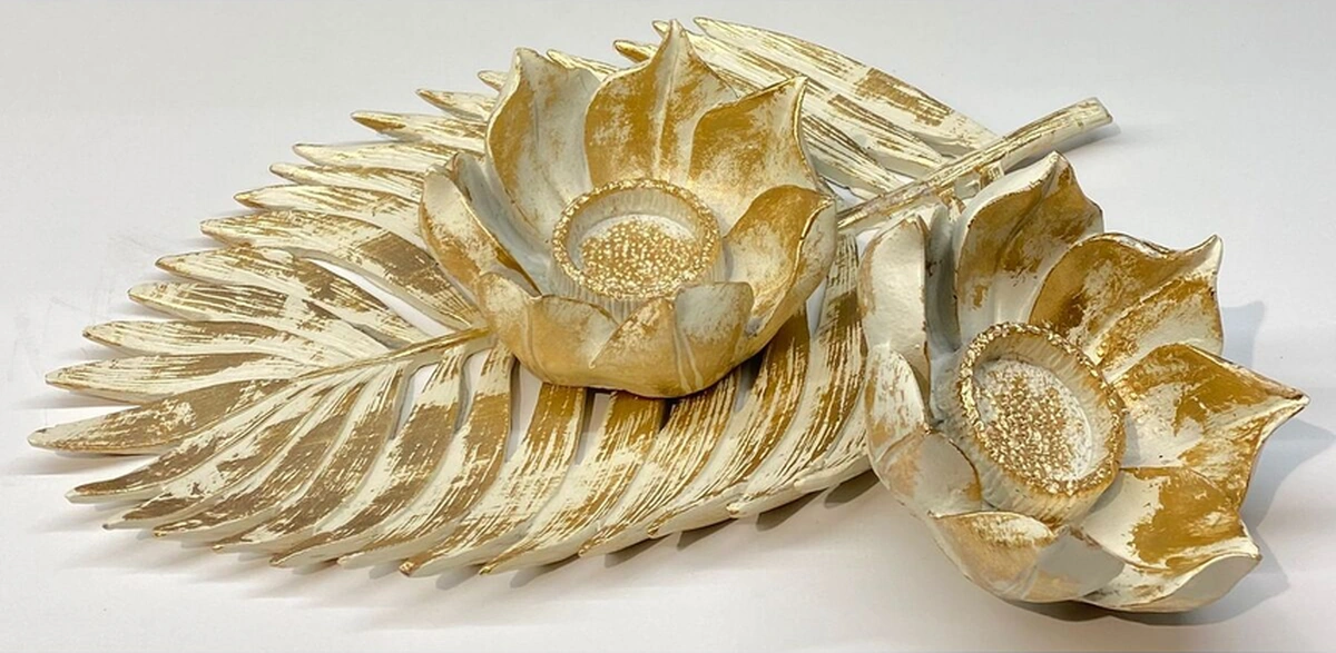 Dekoratif Polyester İkili Çınar Yaprak Mumluk Krem Gold Eskitme