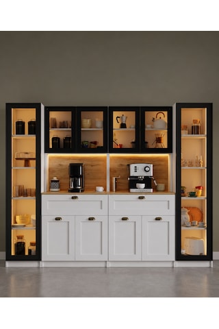 Midoser Nero Quad Modüler Kahve Köşesi Ve Kiler Dolabı Takımı Alüminyum Çerçeveli Cam Kapaklı Led Aydınlatmalı 190 X 240 Cm Beyaz