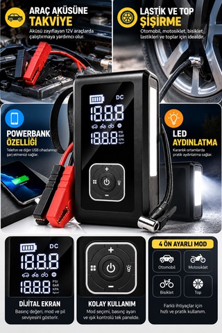 Akü Takviye Cihazı Ve Dijital Lastik Şişirme Kompresörü 10000 Mah 150 Psı 5 Fonksiyonlu Powerbank Led Fener