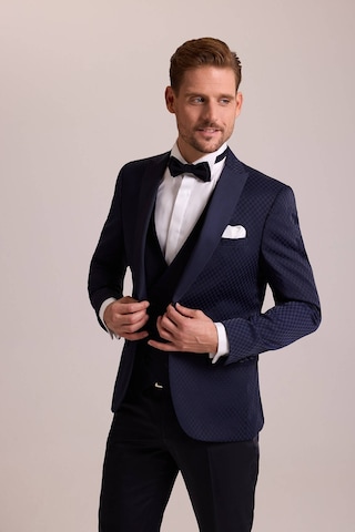 Ysf Erkek Lacivert Kırlangıç Yaka Yelekli Desenli Slim Fit Damatlık