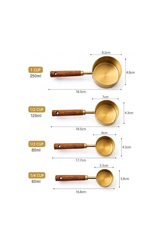 Premium 4 Parça Metal Ölçü Kabı Cup Seti Ahşap Saplı Kahve Baharat Ve Bakliyat Ölçü Kaşığı Çok Renkli