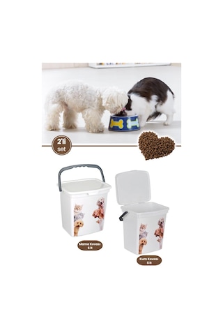 2 Li Evcil Hayvan Mama Kovası Seti, 2 Adet Kapaklı Kulplu Kedi Köpek Mama Saklama Kabı Kutusu 6lt