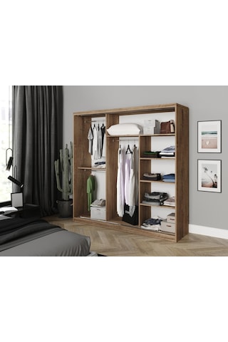 Kznhome 3 Kapaklı Sürgülü Aynalı Gardrop Elbise Dolabı - Tamamı Meşe Mdf