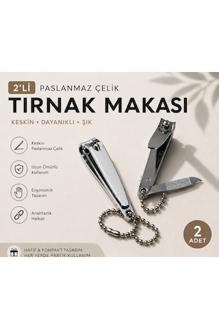 2'li Paslanmaz Çelik Tırnak Makası Anahtarlık Halkalı, Törpülü, Kompakt Tırnak Kesici