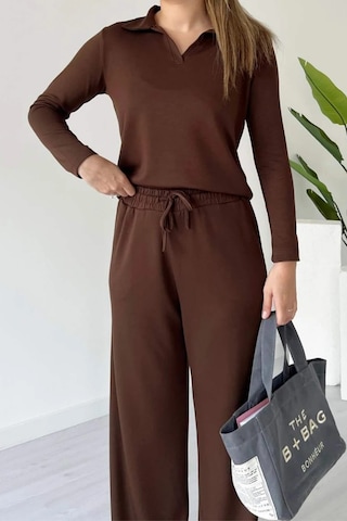 Balenbi Kadın Modal Kumaş Polo Yaka Uzun Kollu Takım 1126 Kahverengi