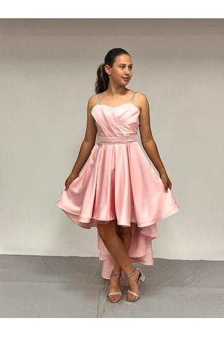 Kız Çocuk Abiye Pembe Taş Kordon Askılı Kalp Yaka Mat Saten Kuyruklu Abiye Elbise 9-16 Yaş Pembe