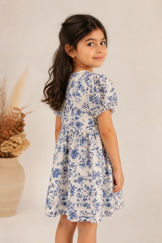 Eray Alp Kids Kız Çocuk Çiçek Desenli Mavi Keten Elbise Yazlık Günlük Model