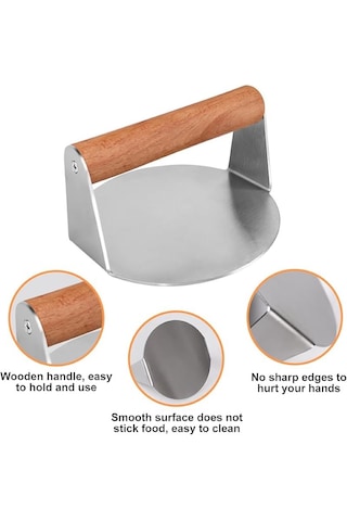 Yuvarlak Smash Burger Presi,12 Cm ,3 Mm 304 Paslanmaz Çelik Ahşap