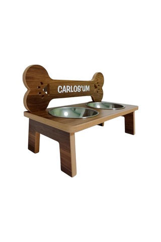 Realwood Ahşap Çelik Kaseli Özel İsim Baskılı Büyük Orta Irk Köpek Mama Su Kabı 1 L