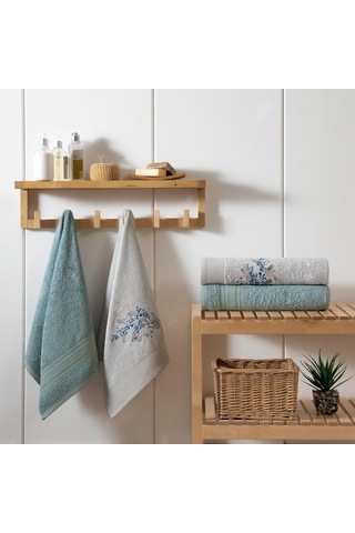 Lexroo Mimosa Çiçekli%60 Pamuk%40 Viskoz Hamam Seti, Taş-nil Mavisi, 2 Adet 70x150 Cm Çok Renkli