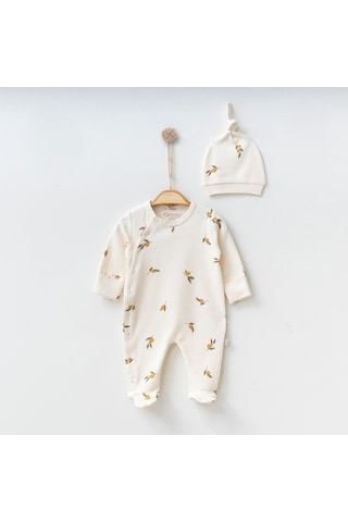 O'Baby Organik Pamuk Zeytin Desenli Tulum Krem