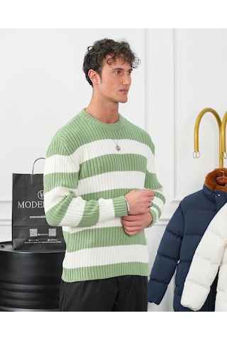 Modefendi Bisiklet Yaka Desenli Oversize Kazak Yeşil