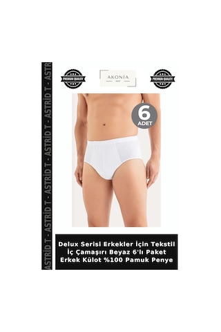 Astrid T Delux Serisi Erkekler İçin Tekstil İç Çamaşırı Beyaz 6'lı Paket Erkek Külot %100 Pamuk Penye