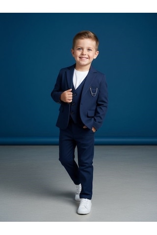 Zekids Erkek Çocuk Slim Fit 3 Lü Takım Elbise Ceket + Yelek + Pantolon -10333 Lacivert