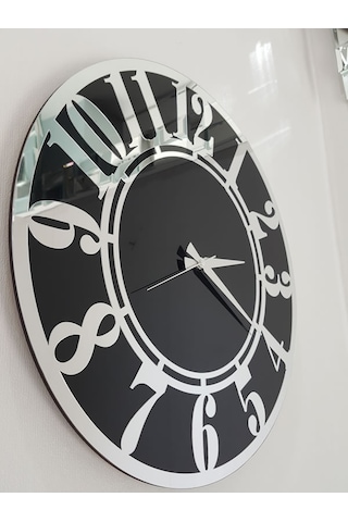 Ayna Denizi Silver Latin Black Model Gümüş Siyah Renk 50 CM Dekoratif Aynalı Duvar Saati Gümüş - Siyah