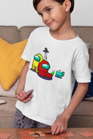 Sevbano Among Us Baskılı Unisex Oyun Çocuk Tişört 1-12 Yaş Beyaz