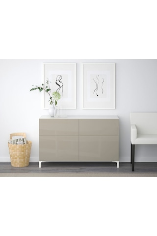 Dolap Kombinasyonu, Beyaz-parlak Cila-bej, 120x40x74 Cm, Selsvıken, Fren Raylı Beyaz