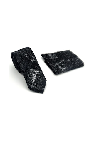 Gaffy Gri Desenli Siyah Dokuma Kumaş Mendilli Slim Fit Kravat // Sdk-2608-1 Siyah