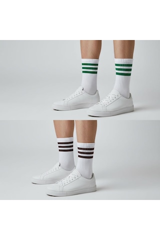 Plus Scorpion Beyaz Çizgili Tenis Çorabı Unisex Pamuklu, Uzun Spor Çorabı Beyaz